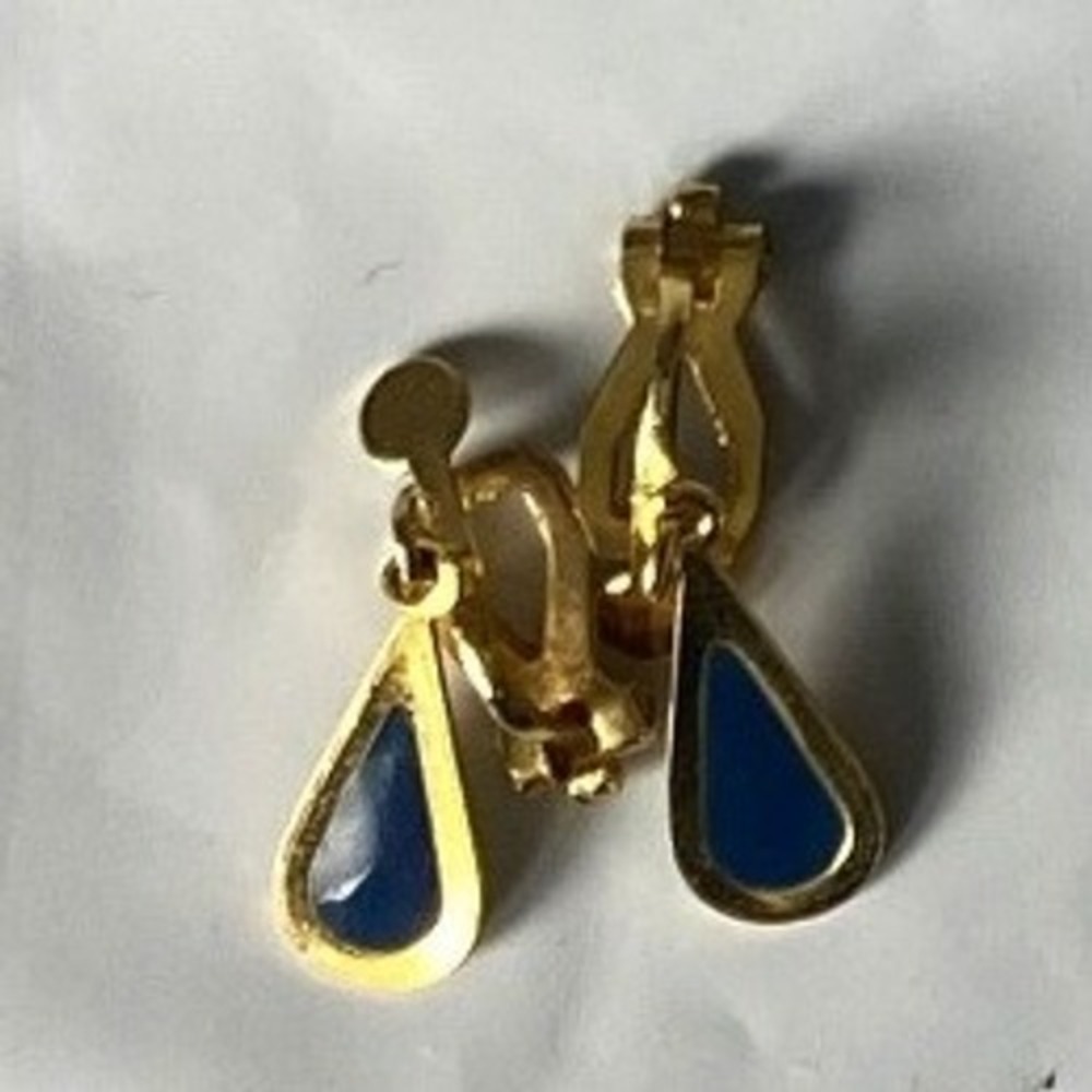 Gold Tone Teardrop‎ Earrings Blue Enamel Dangle Clip On Women Fashion